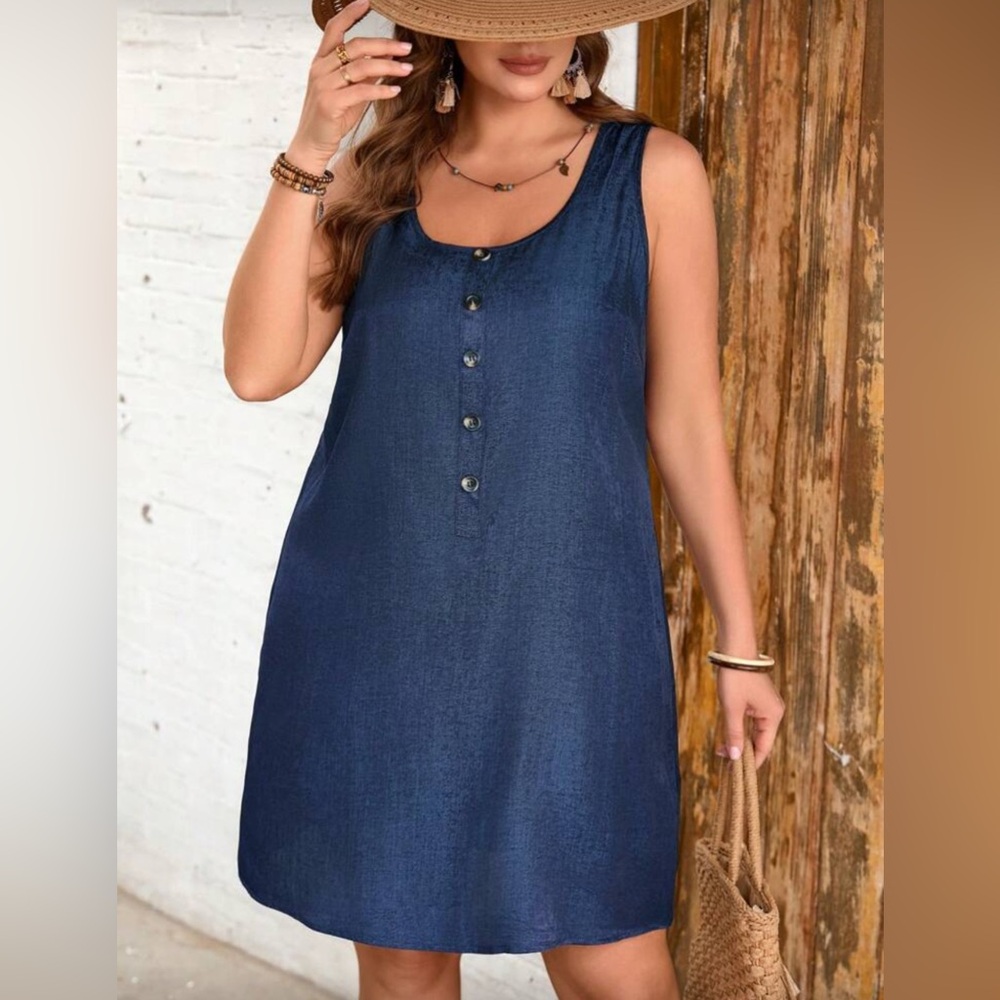 Women’s Plus Size Comfy Sleeveless Navy Blue Denim Effect Tank Dress! Size 3XL.